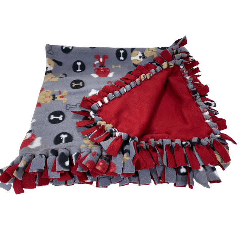 Bones, Brown, White and Red Puppies  on Taupe / Red back/ Knotted-Tie, (L51" x W50")