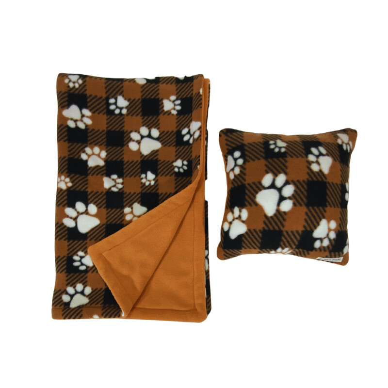 Dog Paw on Buff Plaid w/ Sandstone Back Blanket & Pillow Set (Blanket L46" x W28" Pillow 12x12)