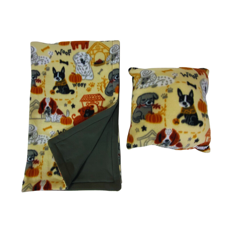 Fall Pups w/ Charcoal Grey back Blanket & Pillow Set (Blanket L44" x W28" Pillow 12x12)