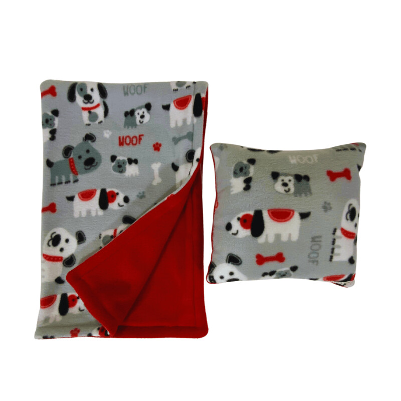 Spot Pups on Grey (woof) W/ Red Back Blanket & Pillow Set (Blanket L42" x W28" Pillow 12x12)
