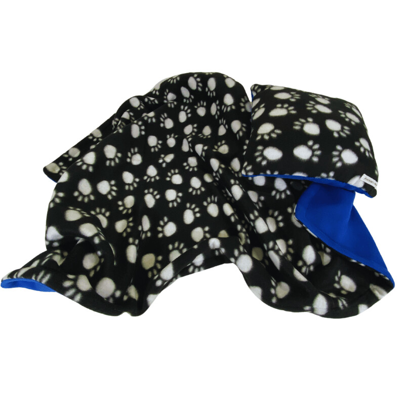 White Paw Prints on Black
w/ Royal Blue back Pillow Set (Blanket L44" x W29" Pillow 12x12)