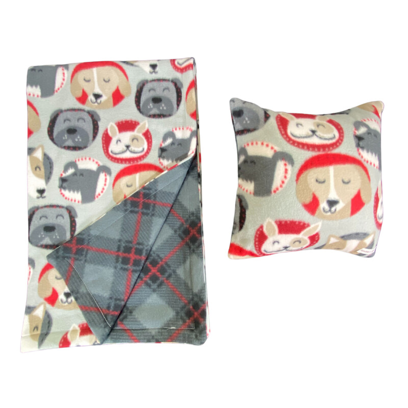 Dog Faces Gray Red W/ Black Red Bias Back Blanket & Pillow Set (Blanket L44" x W27" Pillow 12x12)