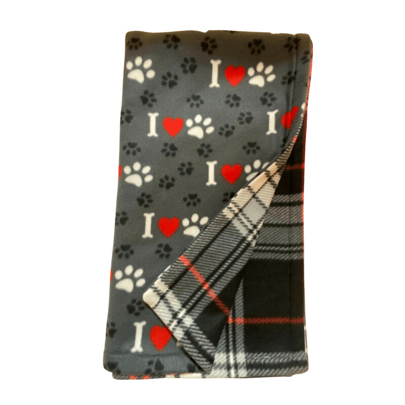 Bones, Hearts, and Paws on Grey w/  Black and Red Plaid Back (L52 x W56)