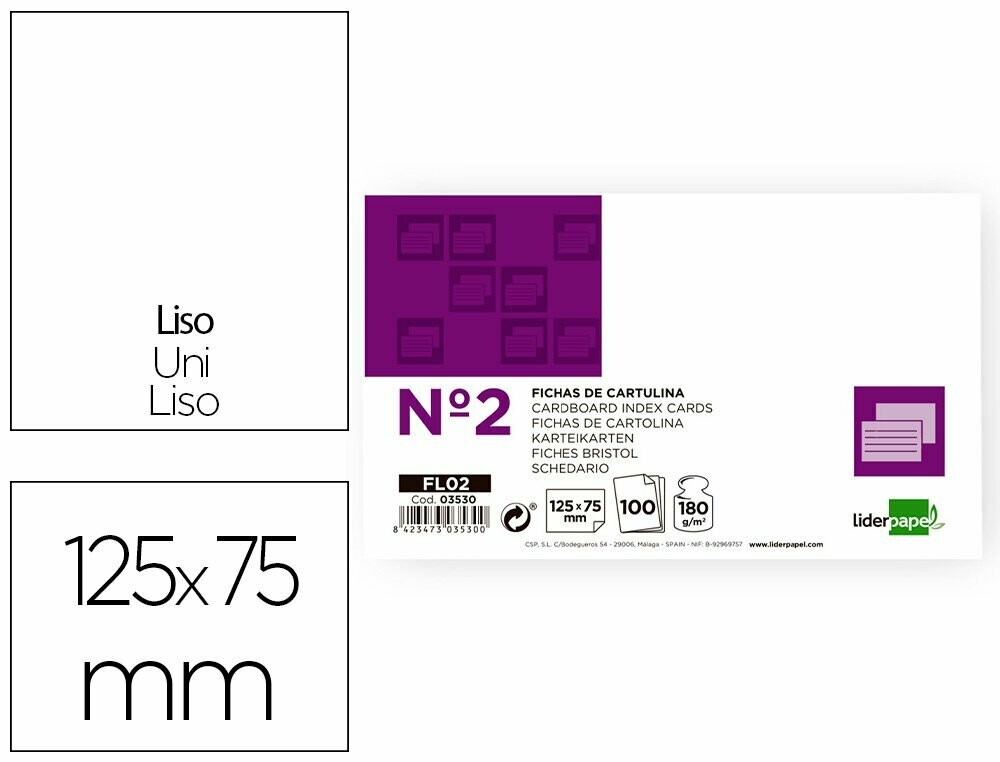Fichas cartulina nº 2 LISA (125x75 mm) de Liderpapel