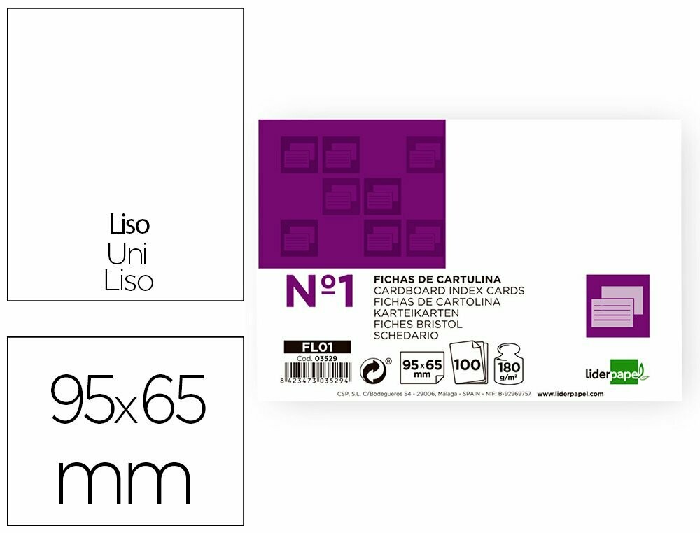 Fichas cartulina nº 1 LISA (65x95 mm) de Liderpapel