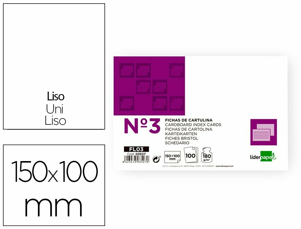Fichas cartulina nº 3 LISA (150x100 mm) de Liderpapel