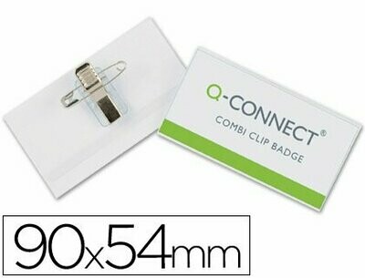 Identificador (90 x 54 mm) imperdible y pinza Q-Connect