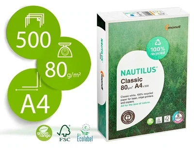 Papel fotocopiadora A4 (80 gr) RECICLADO Nautilus