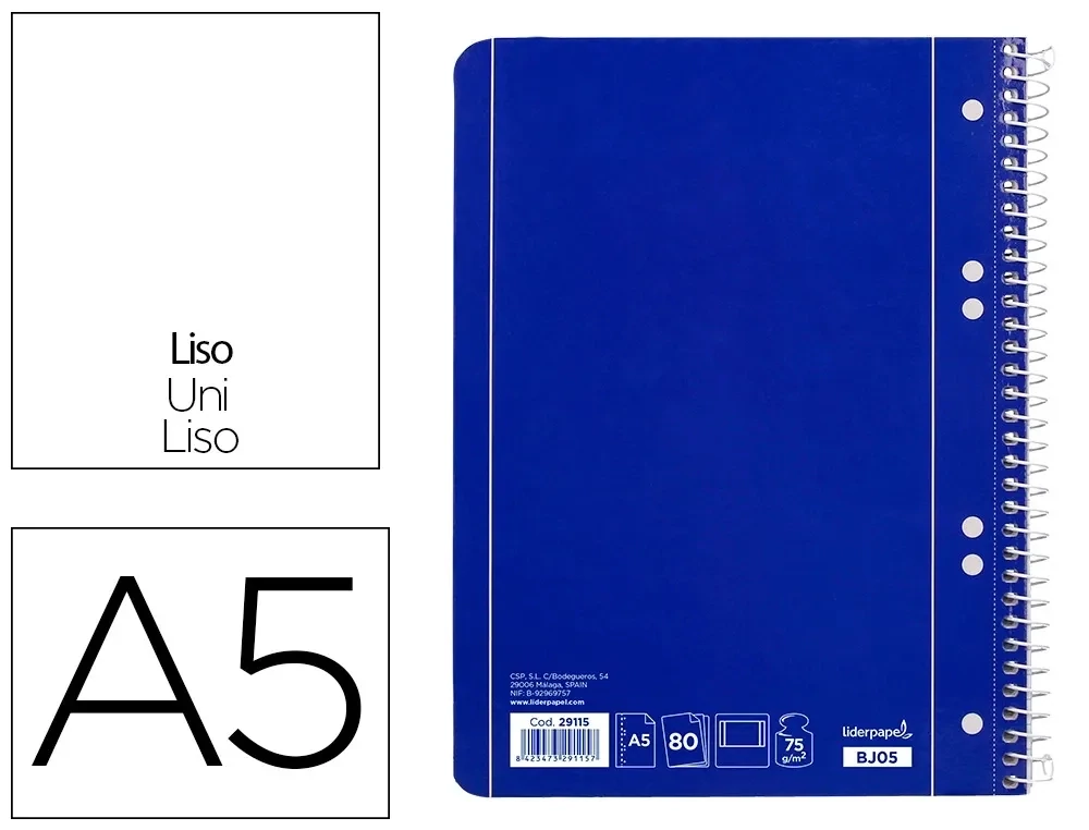 Cuaderno A5 (liso / 6 taladros) Azul Liderpapel