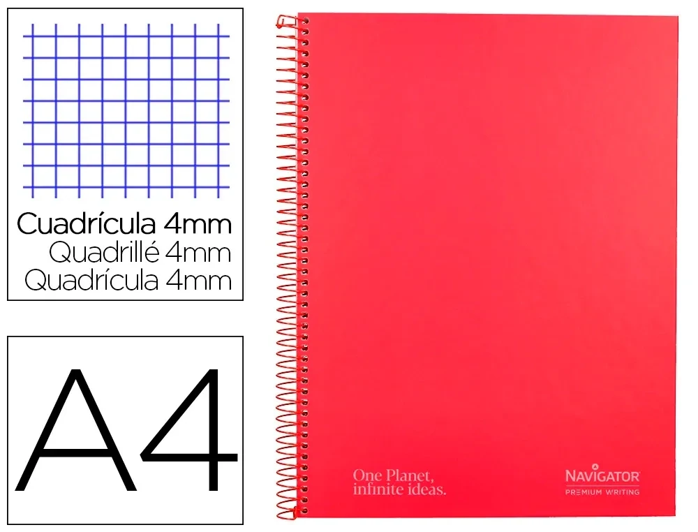 Cuaderno espiral A4 ROJO (80 hojas/cuadro) Navigator
