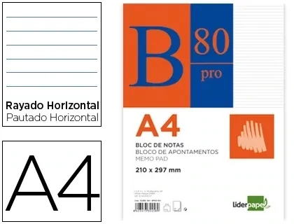 Bloc notas A4 (rayado horizontal) encolado Liderpapel