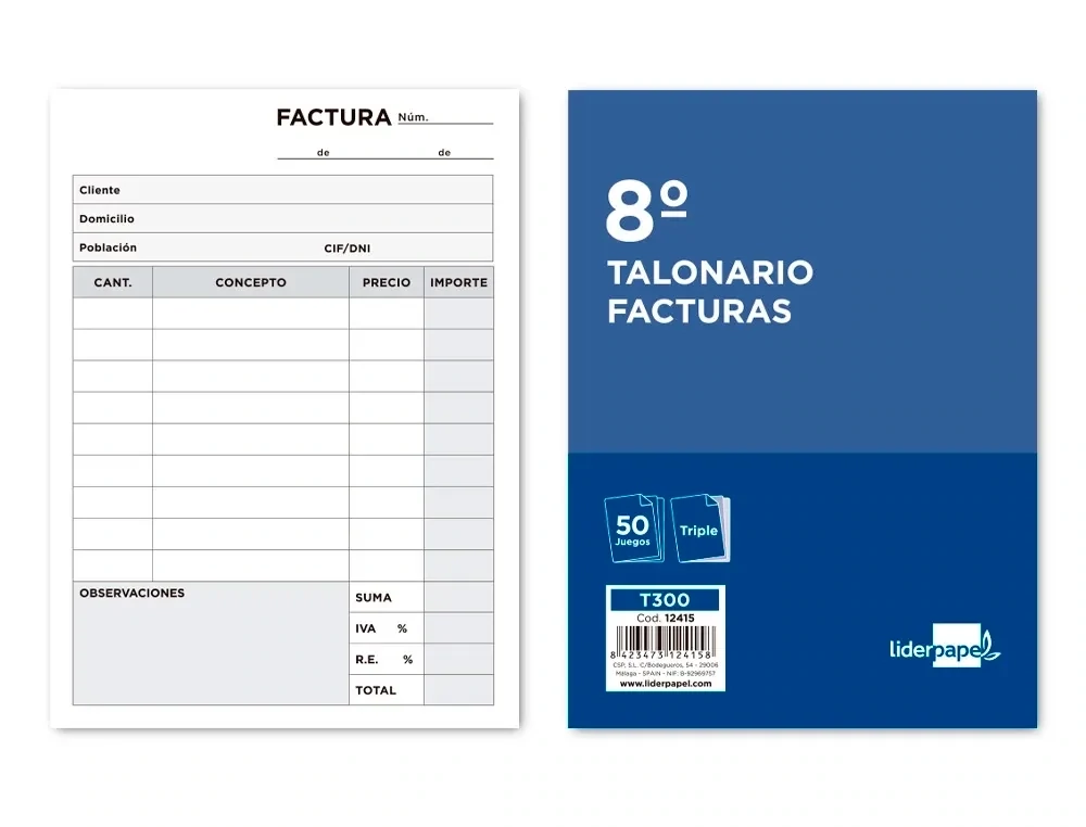 Talonario FACTURAS 8º (original y 2 copias) Liderpapel
