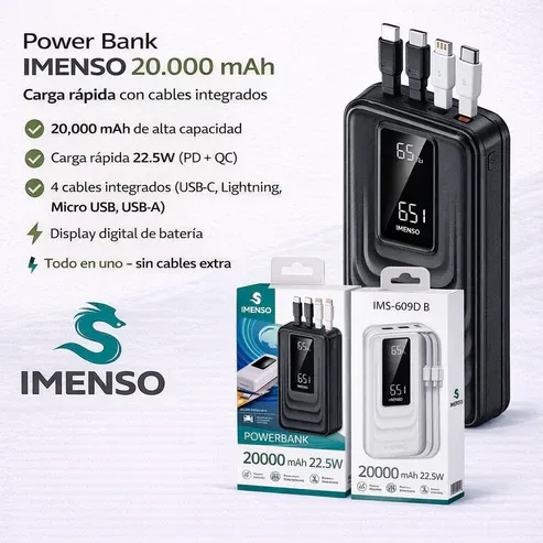 Power Bank IMENSO IMS-609D 20.000 mAh 22.5W Con Cables Integrados