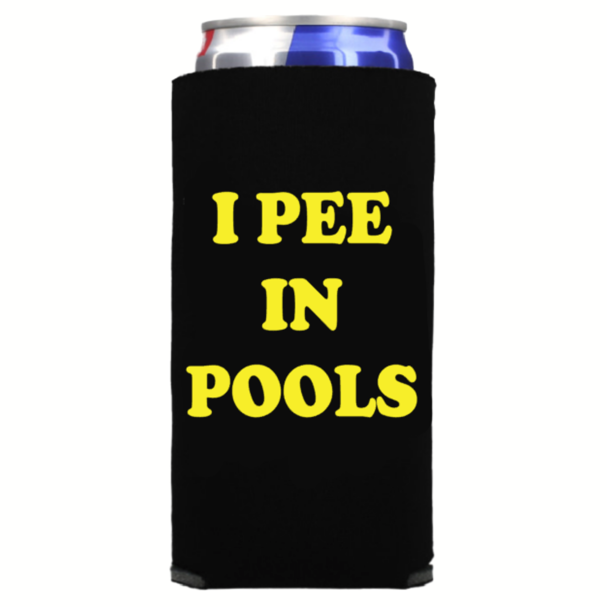 Yellow and Blue Neoprene Drinking Accessory Funny Can Cooler I Pee in Pools 