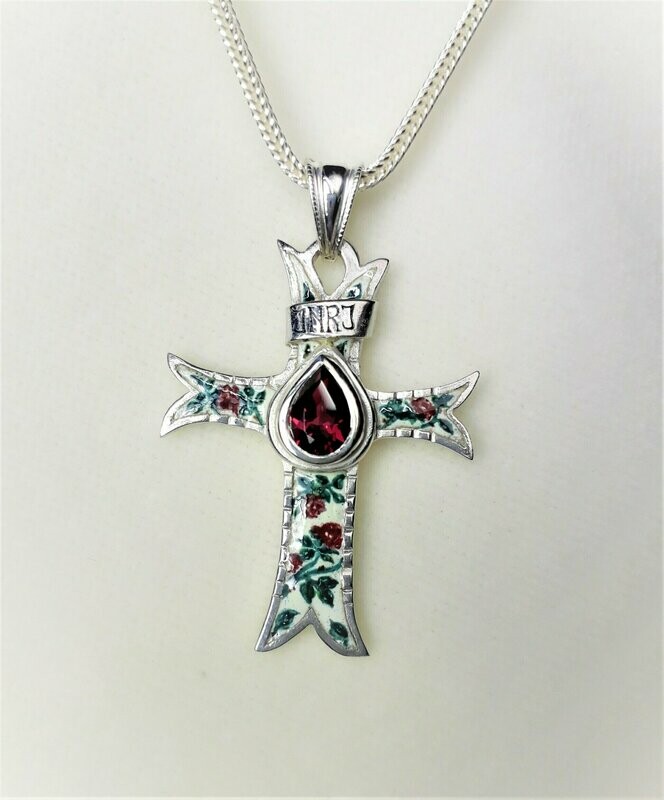 Silber Rosenkreuz, Turmalin, Rosenranken auf Emaille. Silber Rosenkreuz, Turmalin, Rosenranken auf Emaille.