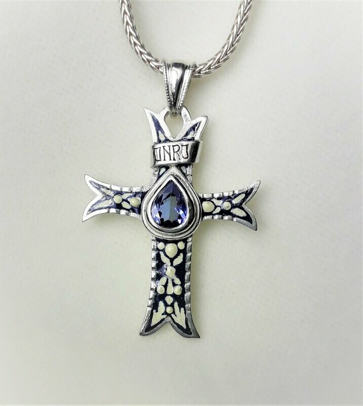 Silber-Kreuz, Emaille, Iolith, ohne Kette. Silber-Kreuz, Emaille, Iolith, ohne Kette.