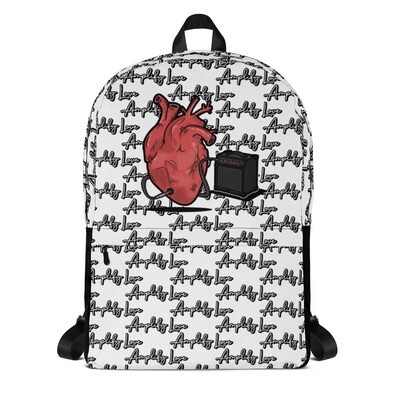 Medium backpack, white and black print, Amplify Love