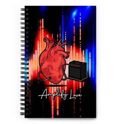 Spiral notebook, heart, speakers and wavelengths, Amplify Love