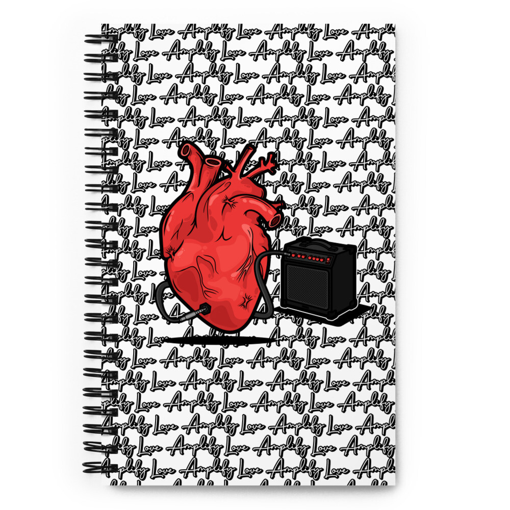 Spiral notebook, heart and speaker, repeated words, Amplify Love