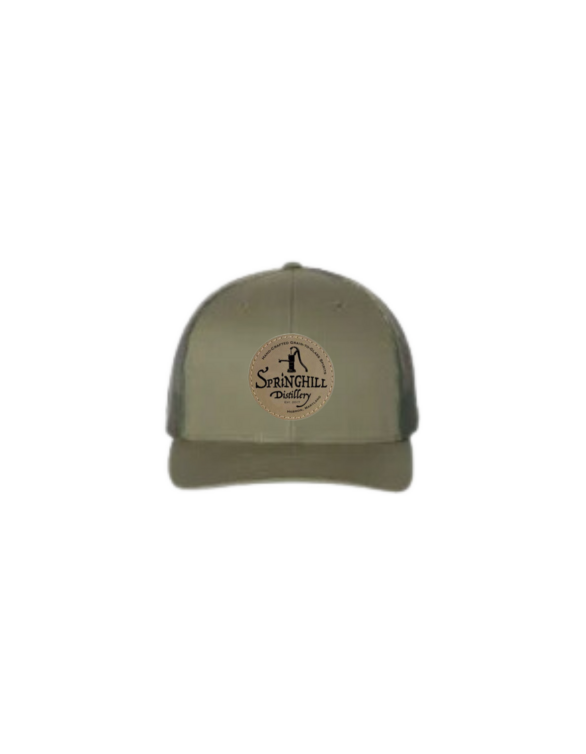 Hat - Olive/Army Green with olive/army green mesh, natural leather patch