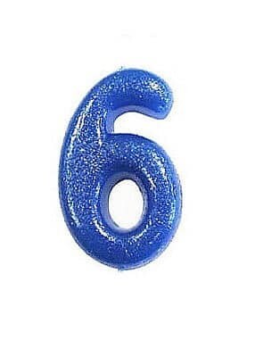 Number 6 Blue Glitter Candle