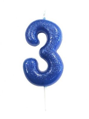 Number 3 Blue Glitter Candle