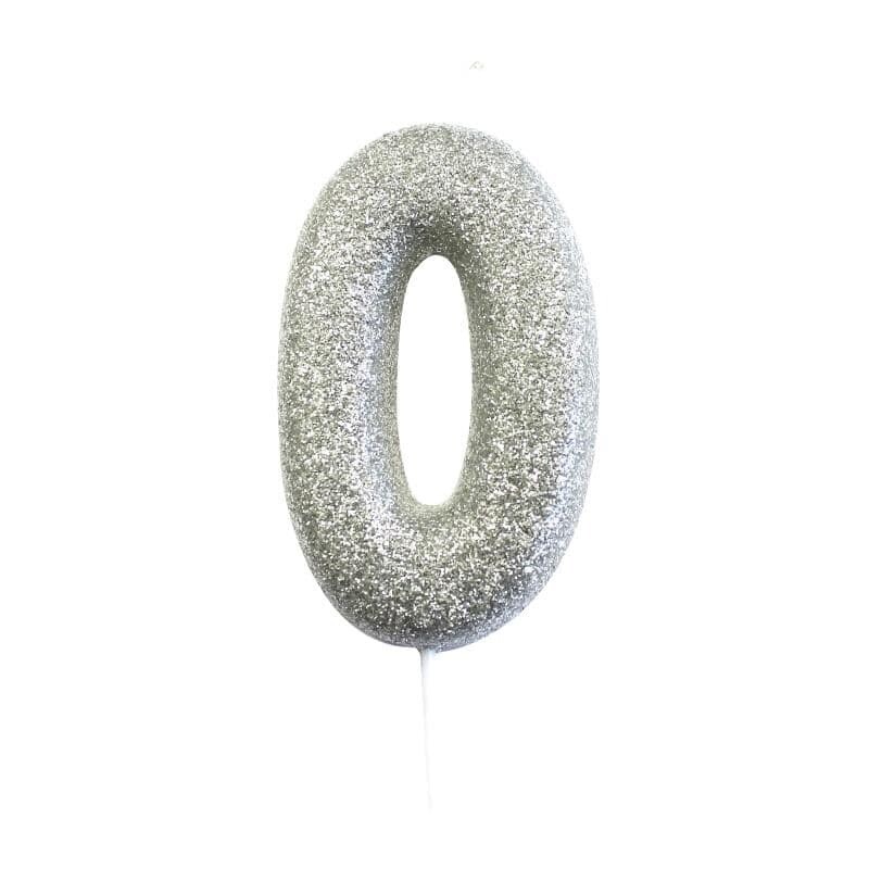 Number 0 Silver Glitter Candle