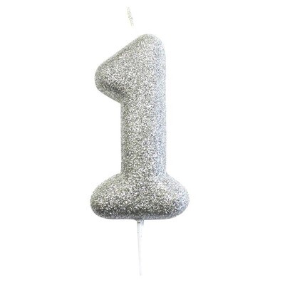 Number 1 Silver Glitter Candle