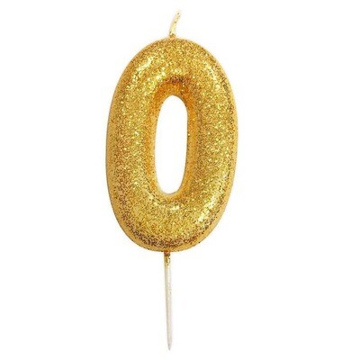 Number 0 Gold Glitter Candle