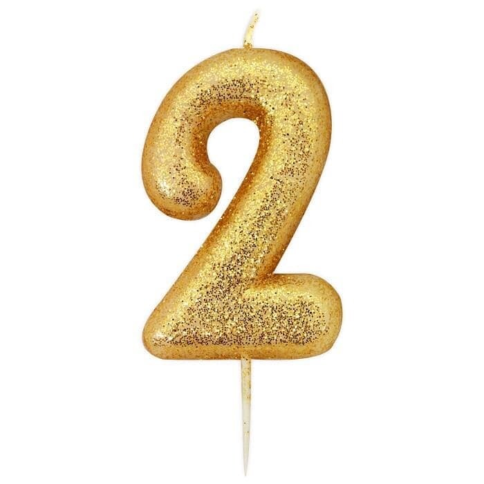 Number 2 Gold Glitter Candle