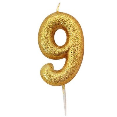 Number 9 Gold Glitter Candle
