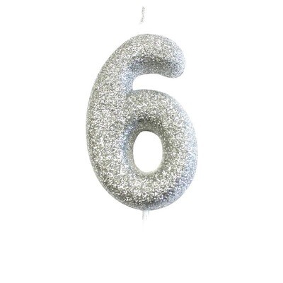 Number 6 Silver Glitter Candle
