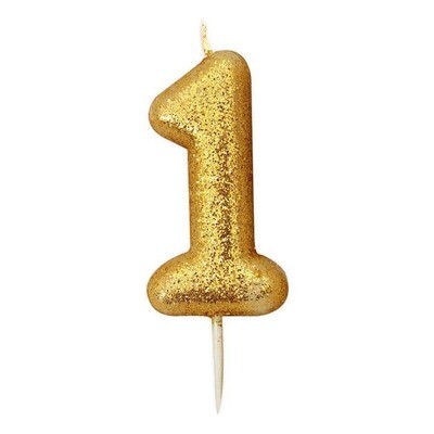 Number 1 Gold Glitter Candle