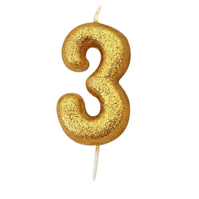 Number 3 Gold Glitter Candle