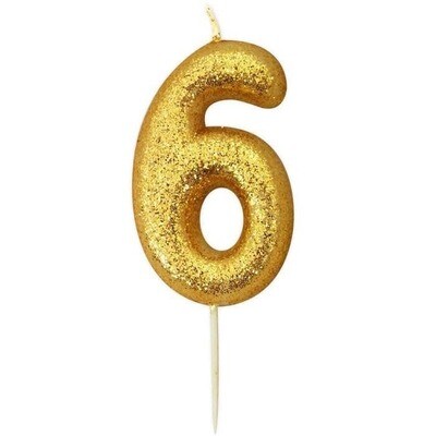 Number 6 Gold Glitter Candle