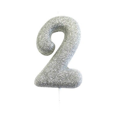 Number 2 Silver Glitter Candle