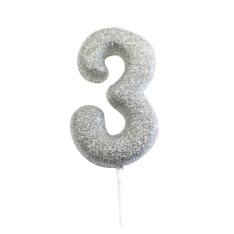 Number 3 Silver Glitter Candle