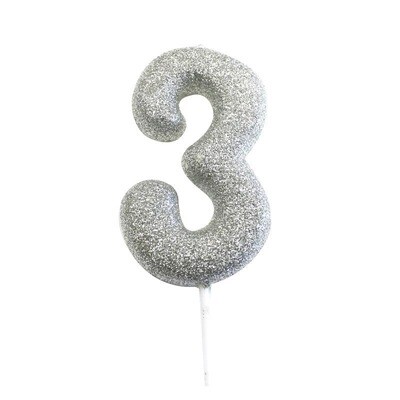Number 3 Silver Glitter Candle