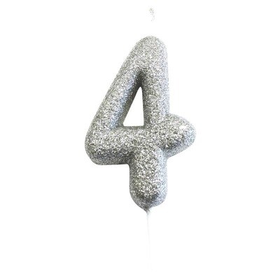 Number 4 Silver Glitter Candle