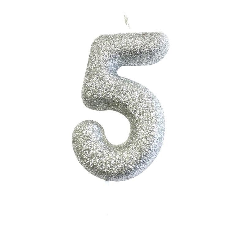 Number 5 Silver Glitter Candle