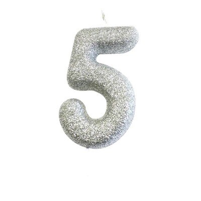 Number 5 Silver Glitter Candle