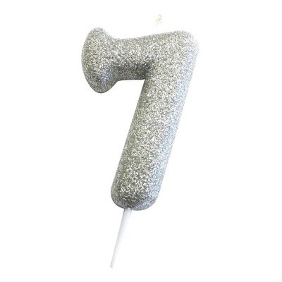 Number 7 Silver Glitter Candle