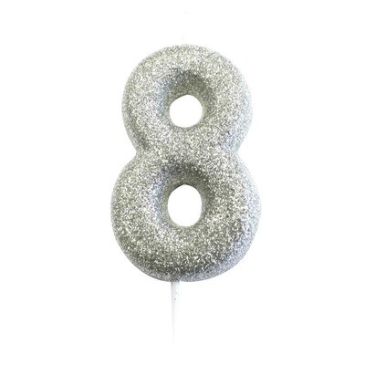 Number 8 Silver Glitter Candle