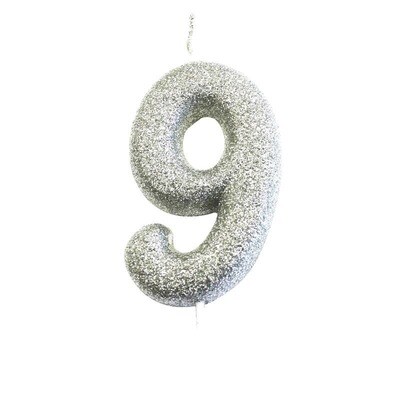 Number 9 Silver Glitter Candle
