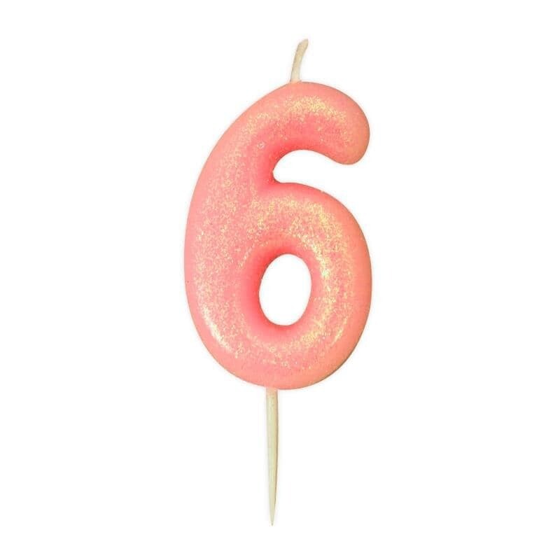 Number 6 Pink Glitter Candle