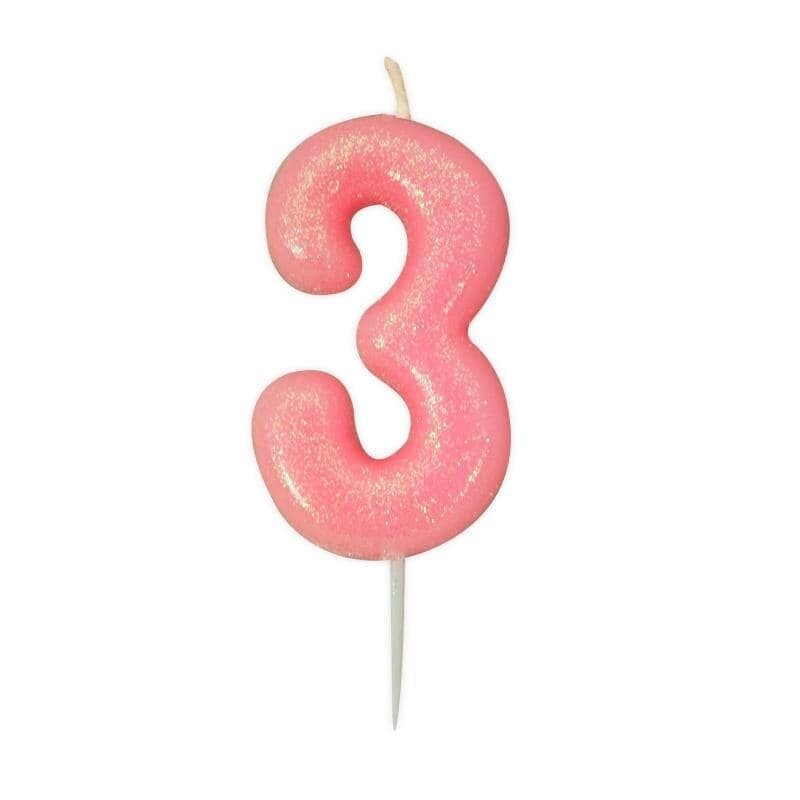 Number 3 Pink Glitter Candle