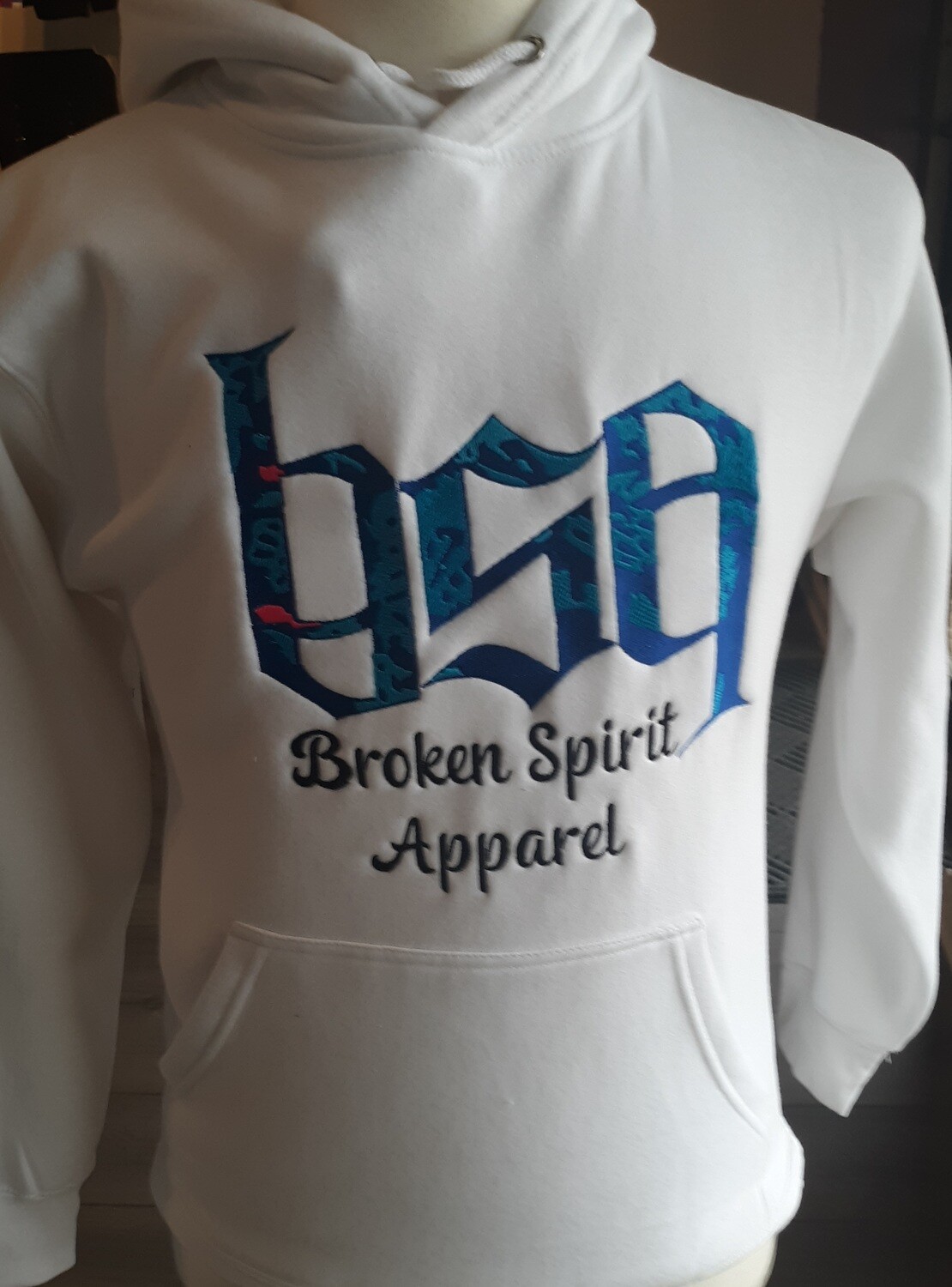 BrokenSpirit_Apparel (BSA) White Hoodie With Blue Rose BSA on the front