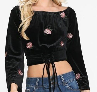 BrokenSpirit_Apparel (BSA) Flower Embroidery Off The Shoulders Velvet Top