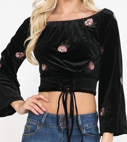 BrokenSpirit_Apparel (BSA) Flower Embroidery Off The Shoulders Velvet Top