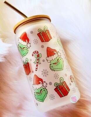 Grinch 16oz Frosted Glass Can Tumbler